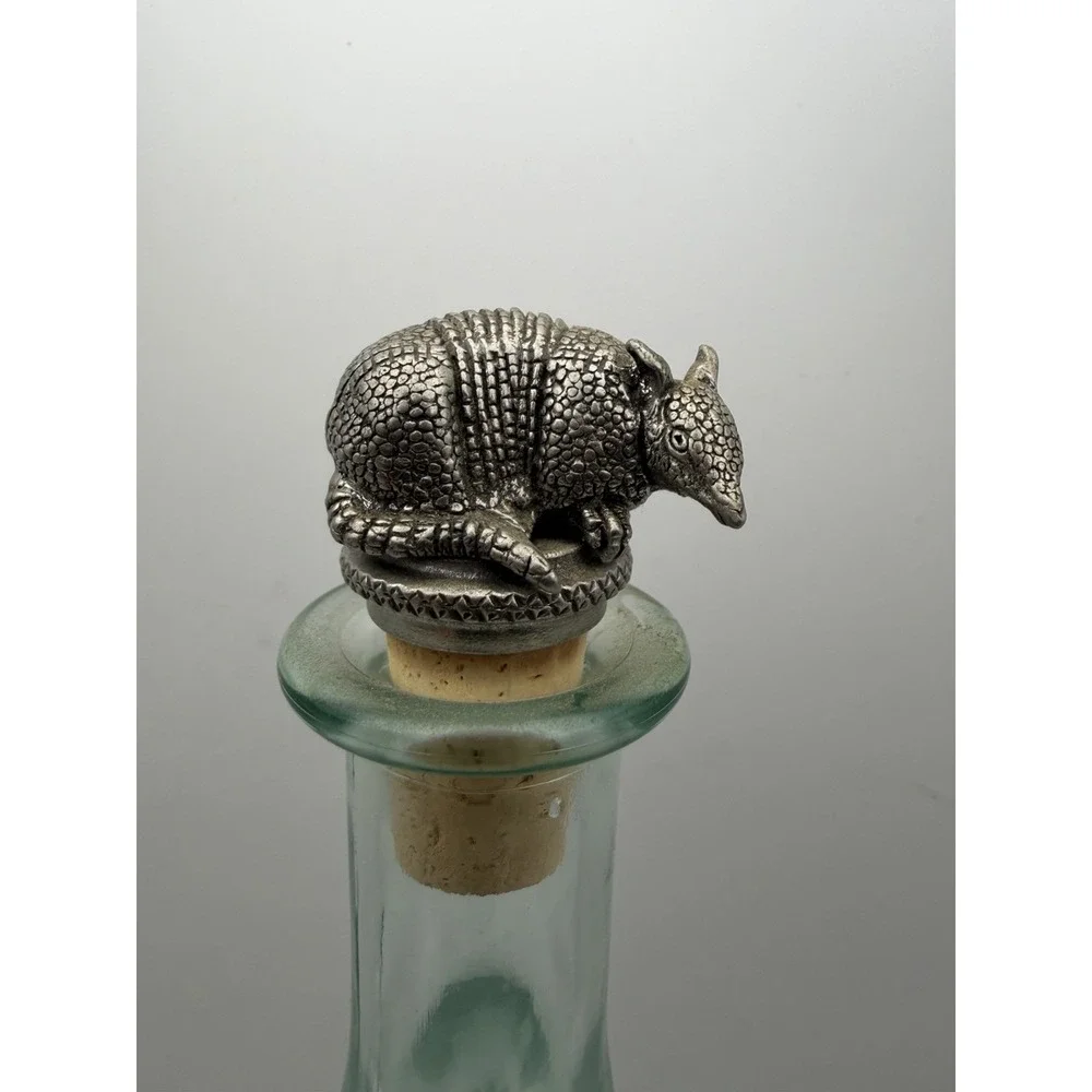 Vintage Armadillo Pewter Overlay Green Glass Decanter Bottle Stopper Barware